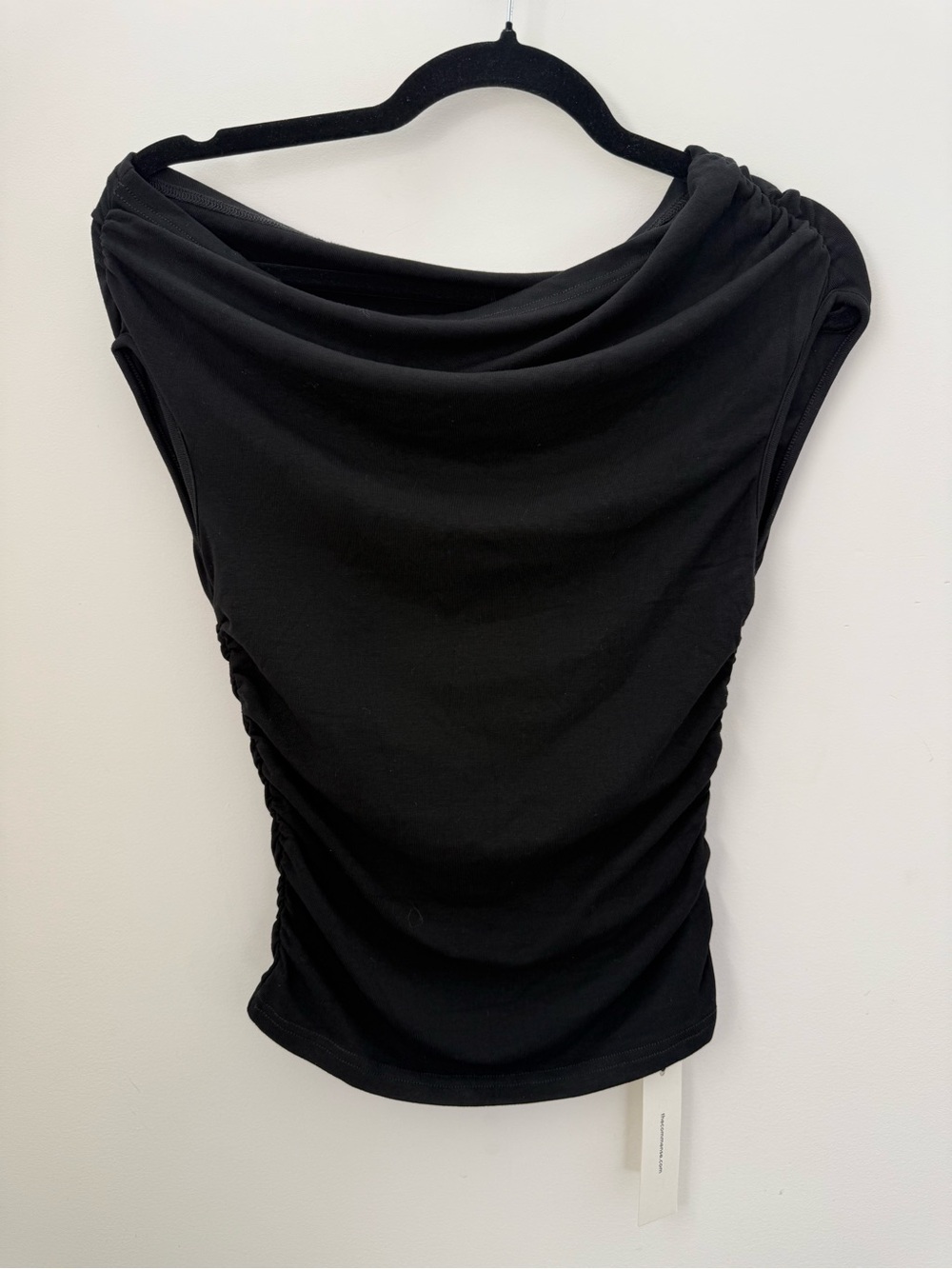 COMMENSE Black Ruched Draped Asymmetrical Top NWT Size M